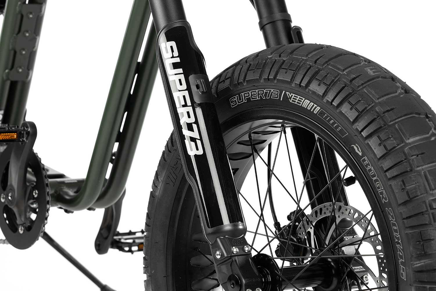 Closeup view of the Super73-R Olive Drab front wheel and suspension