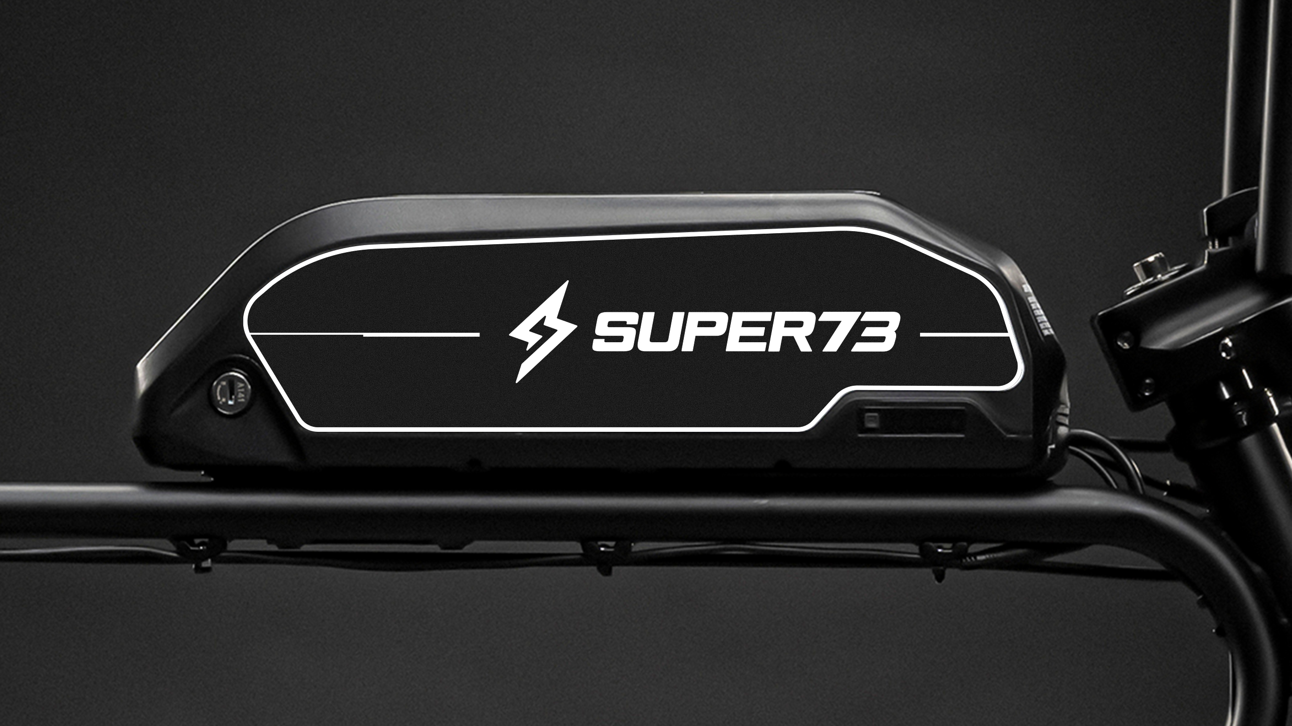 Closeup of the S1 battery showing the Super73 logo