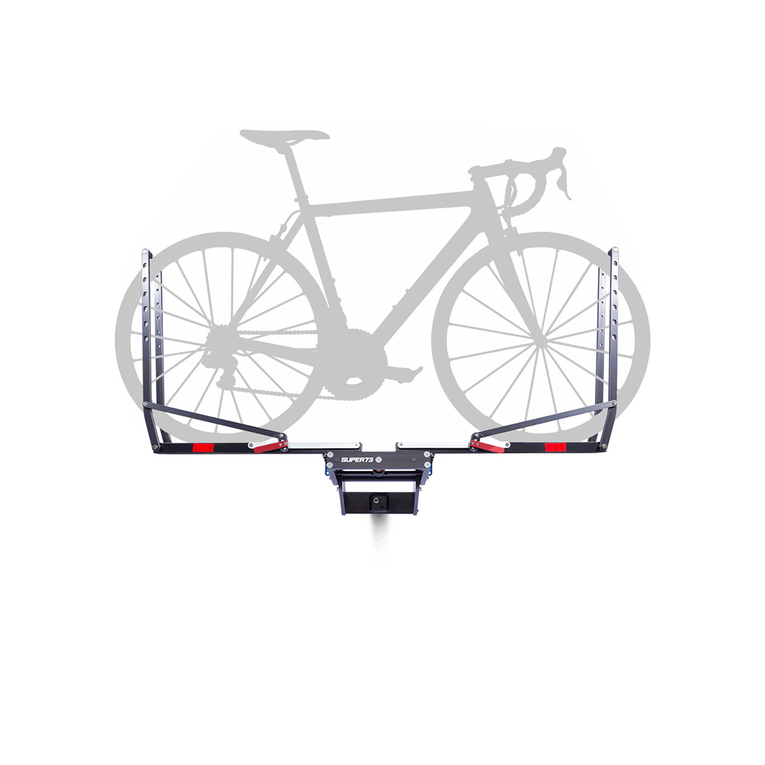 Full view of 1UP USA X SUPER73 Bike Rack (with Fat Tire Spacer) with bike on it.
