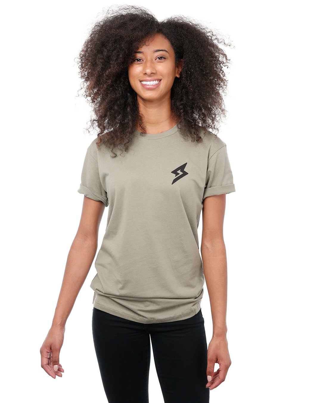 Front view of female model in Light olive Adventure Short Sleeve T-Shirt on white background.
