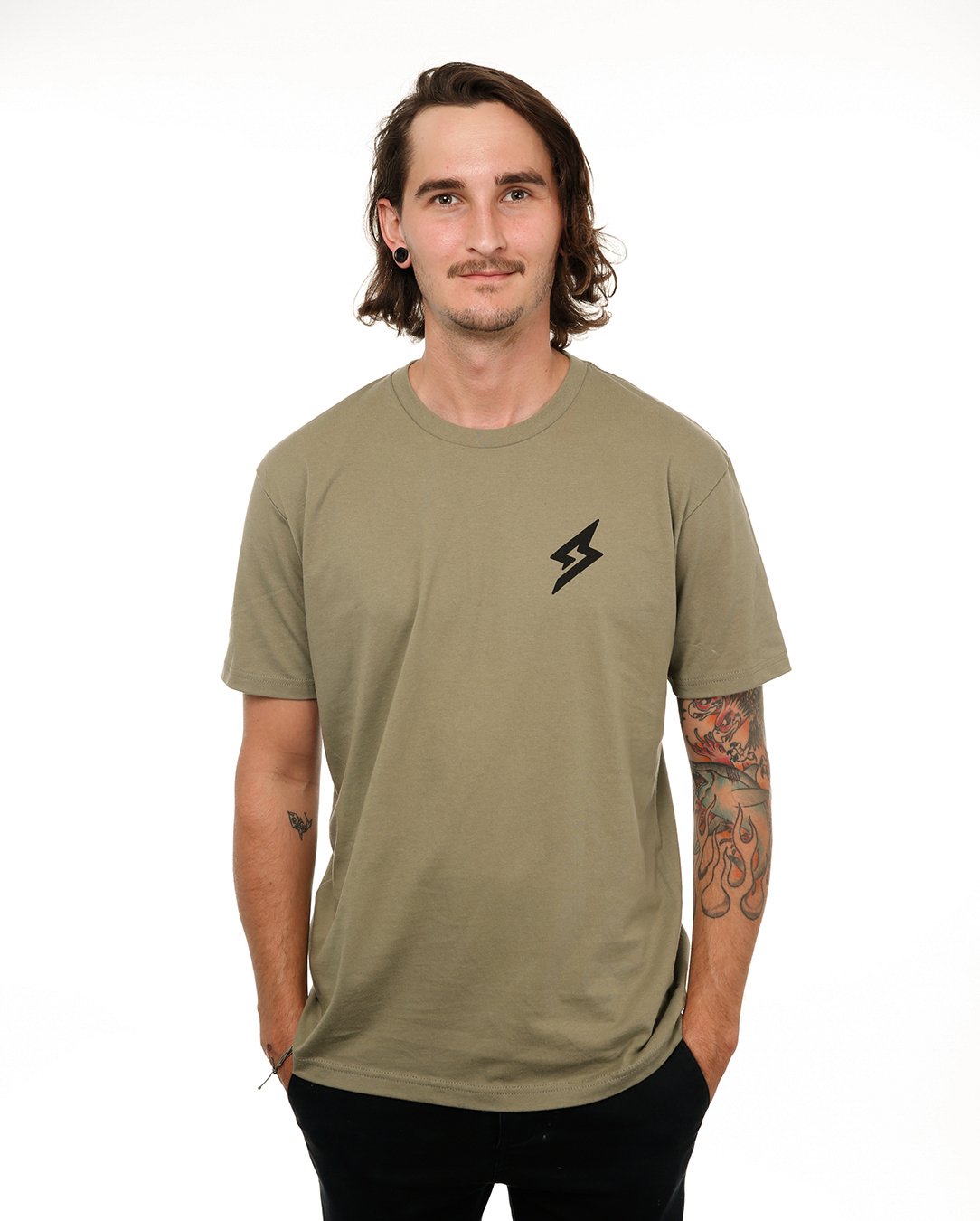 Front view of male model in Light olive Adventure Short Sleeve T-Shirt on white background.