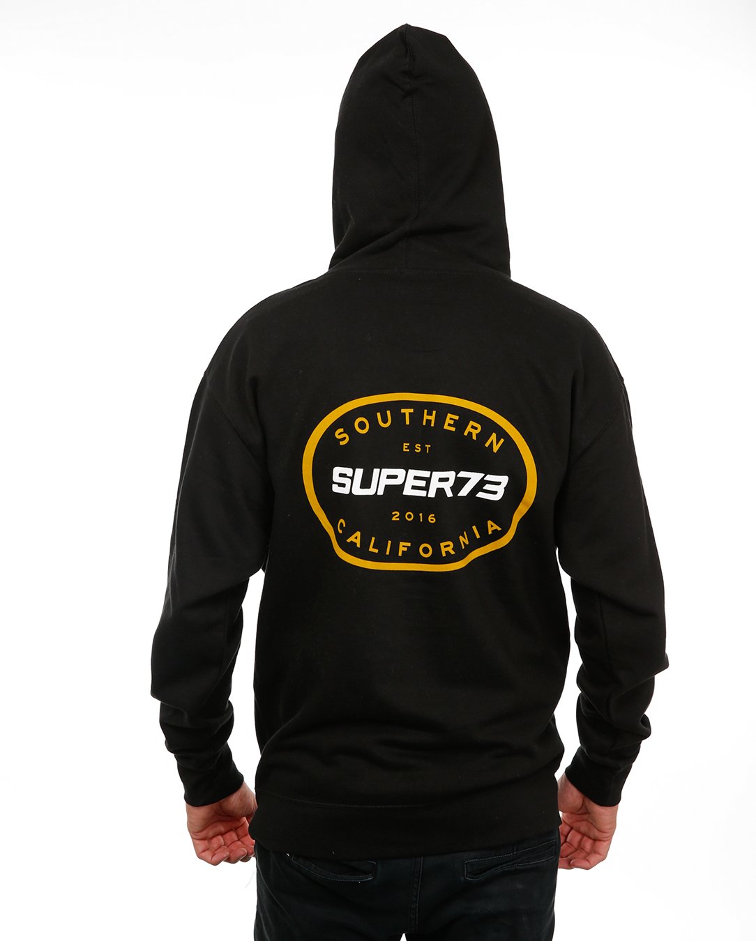 Back view of male model Oval Zip Up hoodie on white background 