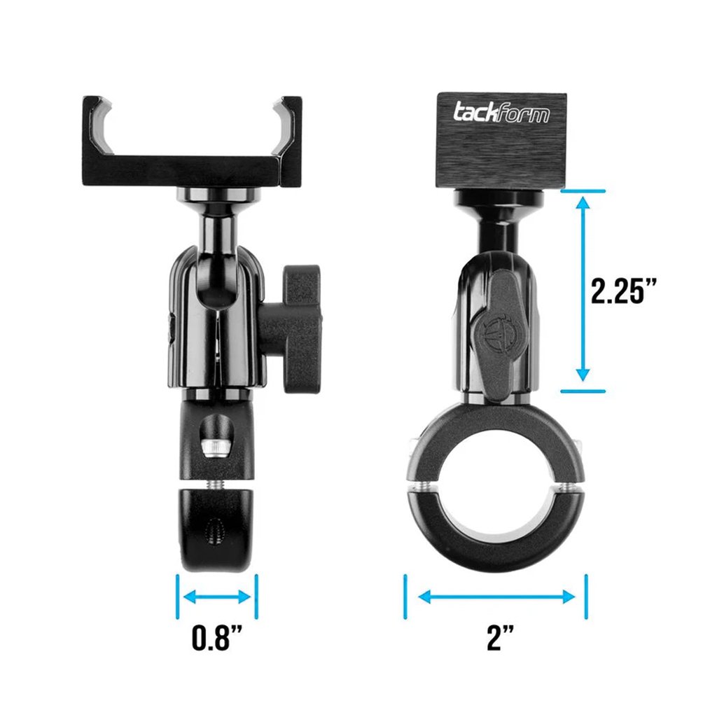 Enduro Series™ Motorcycle Phone Mount parts with measurements out on white background.