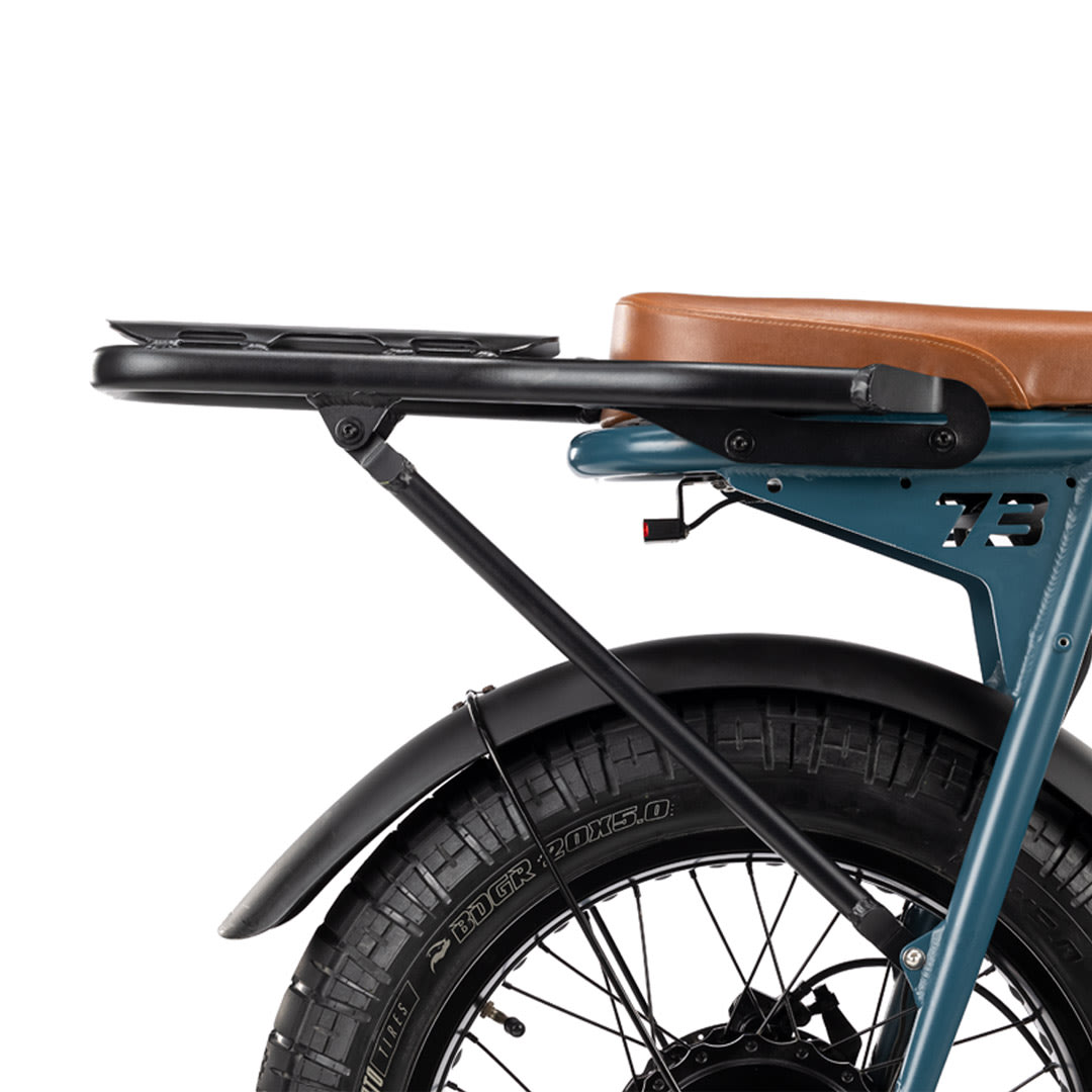 Side view of Super73 S2 Rear Rack on bike with white background.