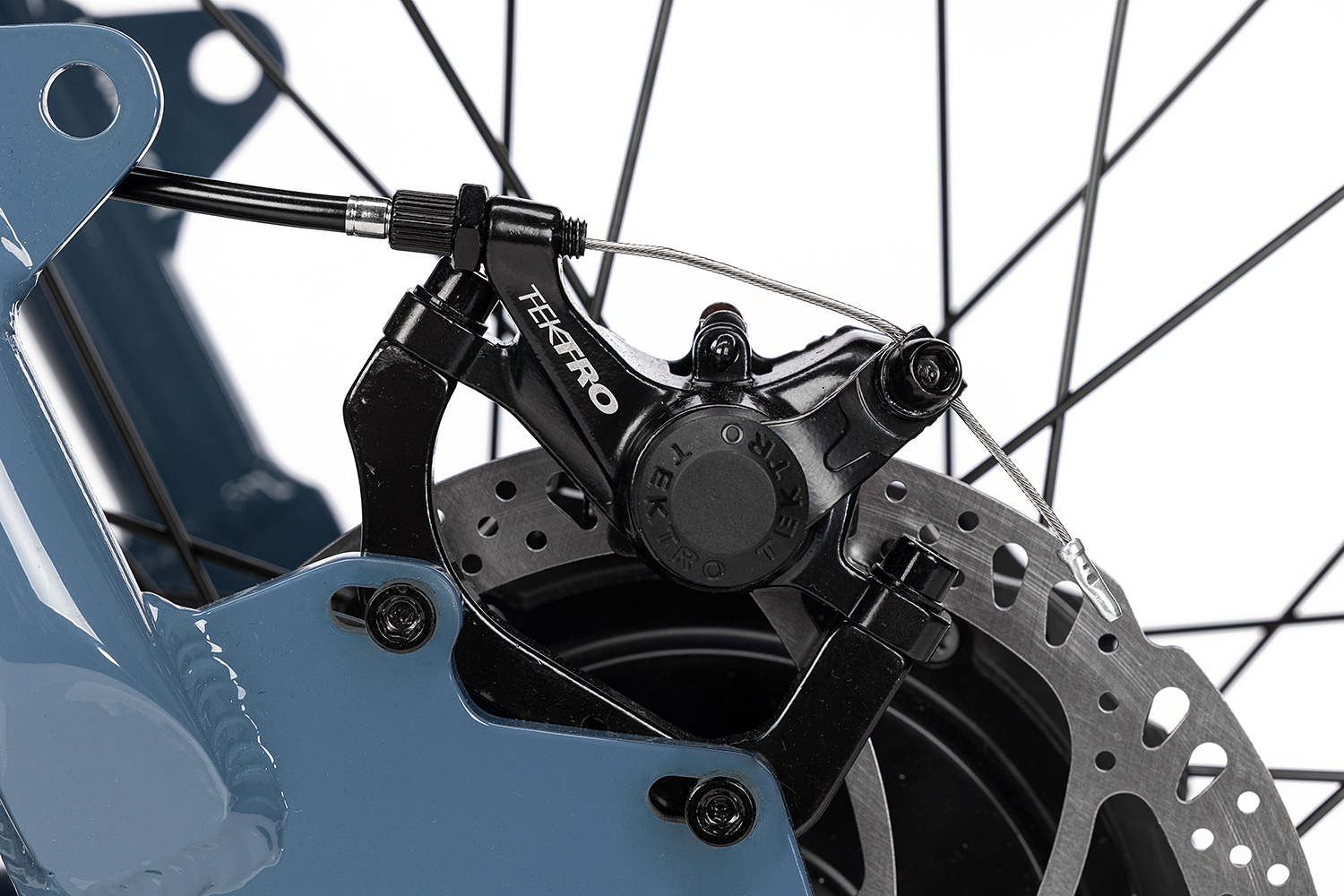 Closeup of the Super73-Z Miami in Panthro Blue caliper