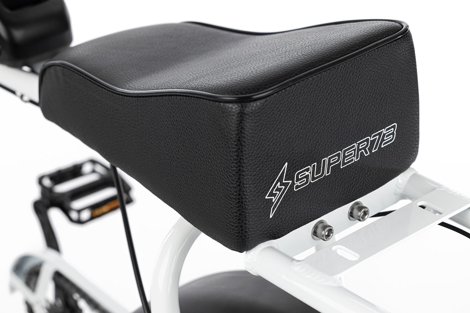 Closeup of the Super73-S1 in white seat