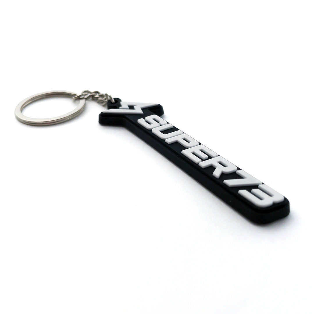 Front view of Super73 keychain.