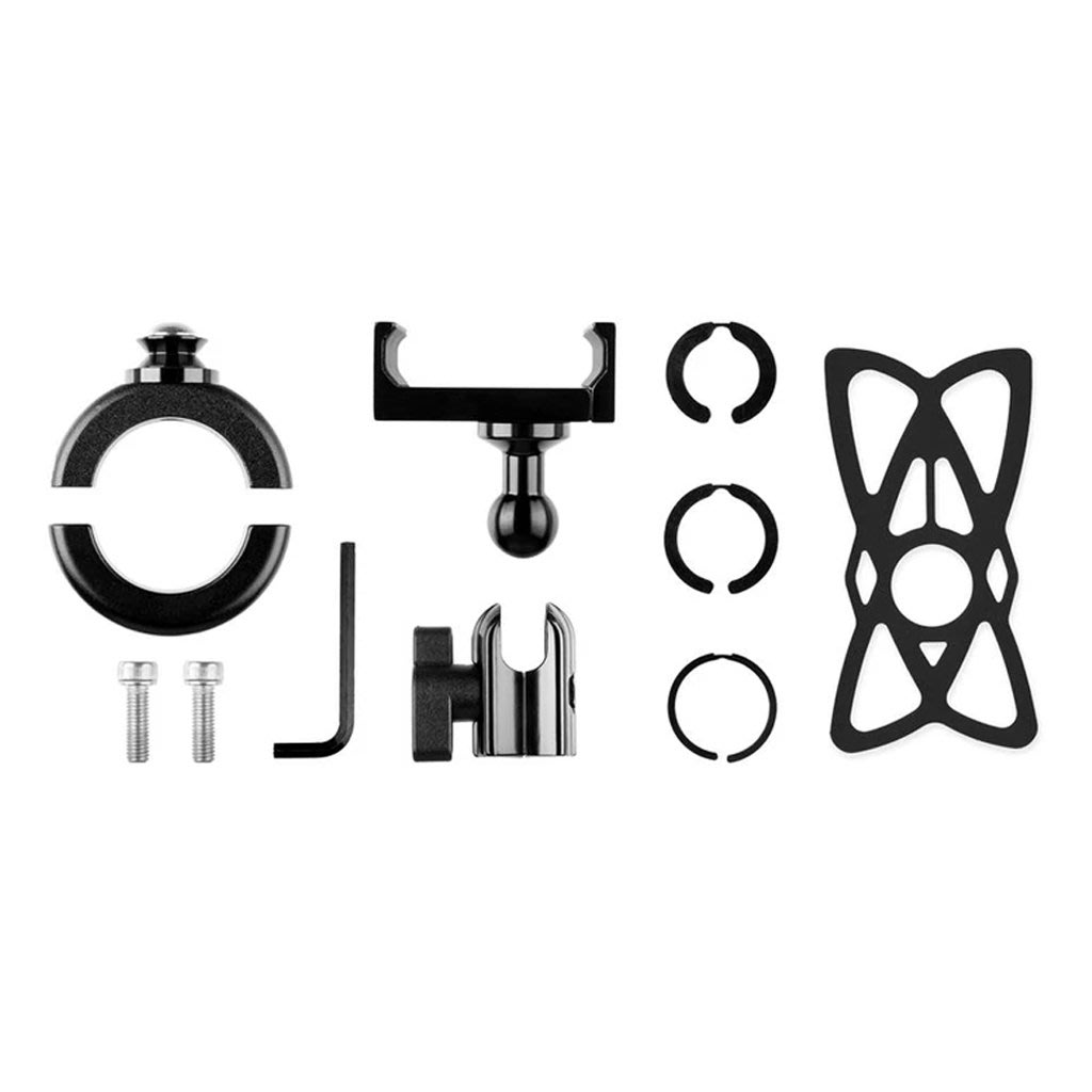 Enduro Series™ Motorcycle Phone Mount parts layed out on white background.