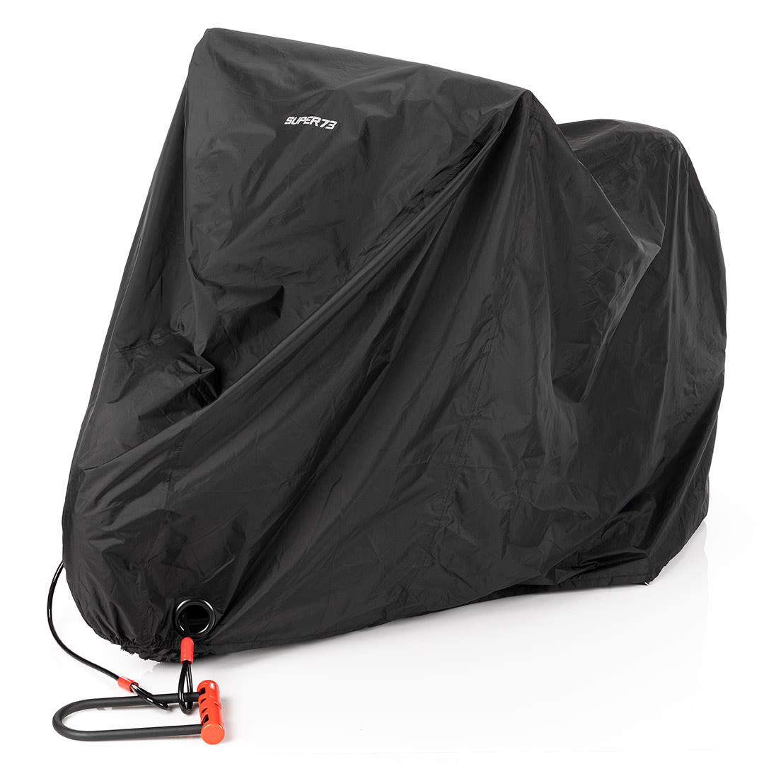 front angle image of bike cover on bike with lock.