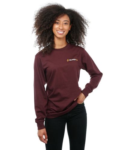 Front view of female model in Wine Colored Diamond Stone Long Sleeve T-Shirt on white background.
