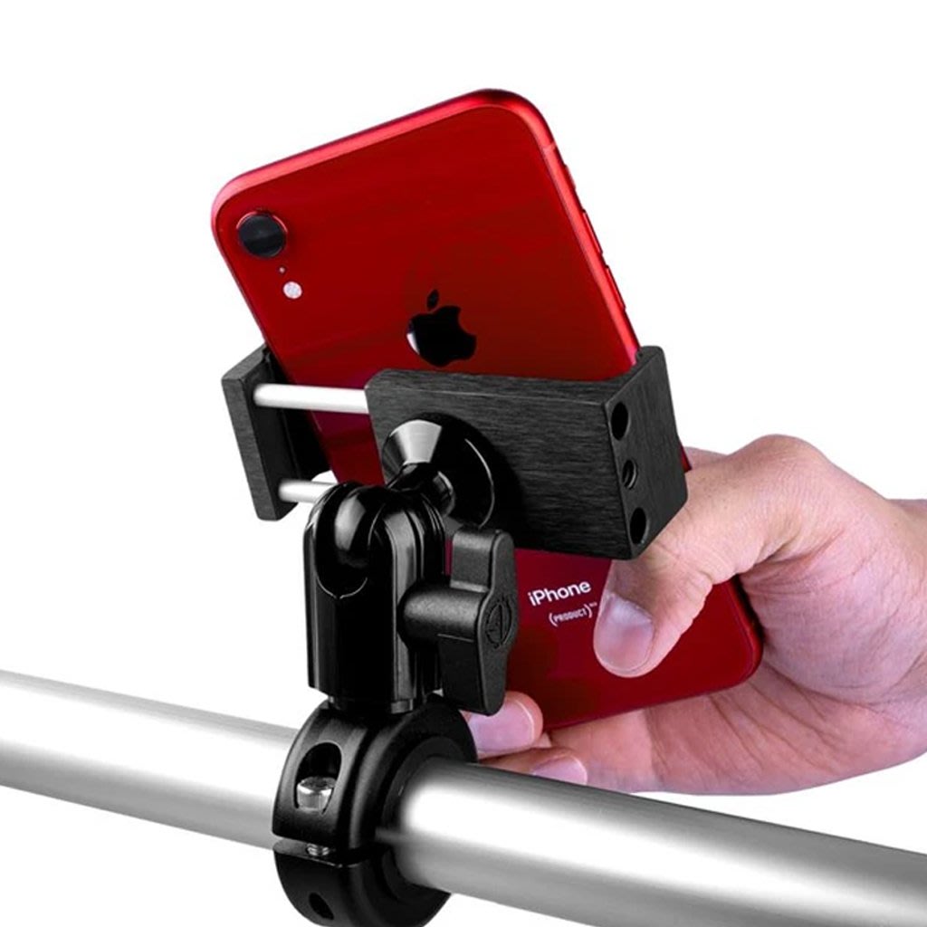 Enduro Series™ Motorcycle Phone Mount receiving a red iphone on on white background.