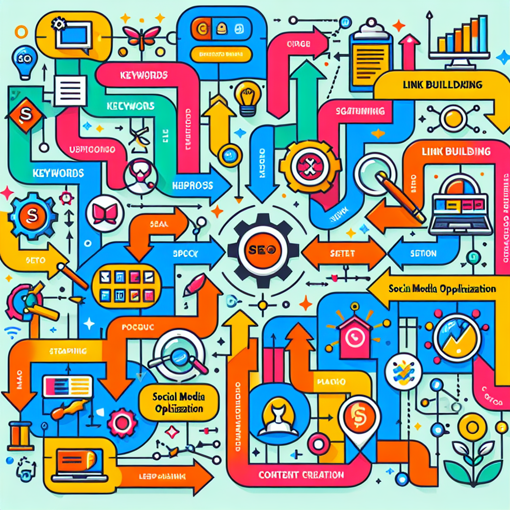 An illustration of SEO plan steps on a flowchart.