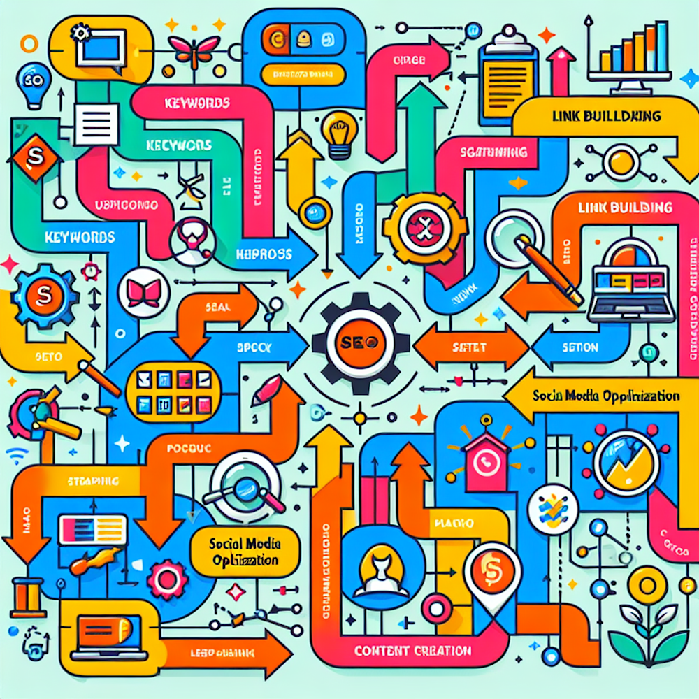 An illustration of SEO plan steps on a flowchart.