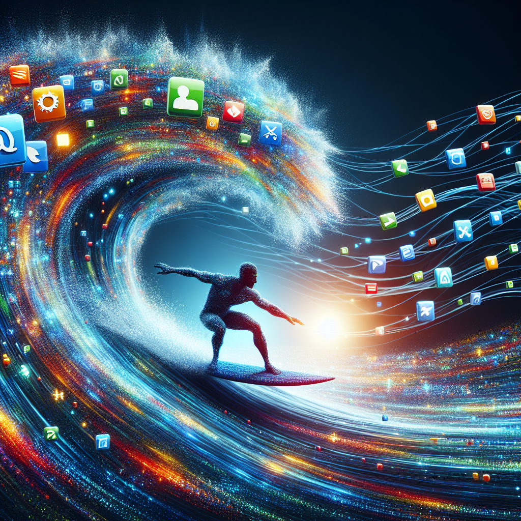 Surfer on digital wave with browser logos.