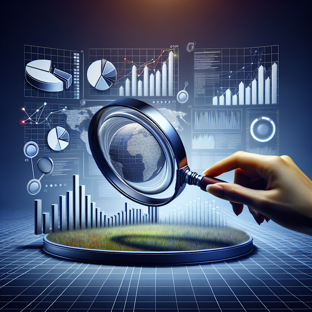 A magnifying glass hovering over SEO-related graphics.