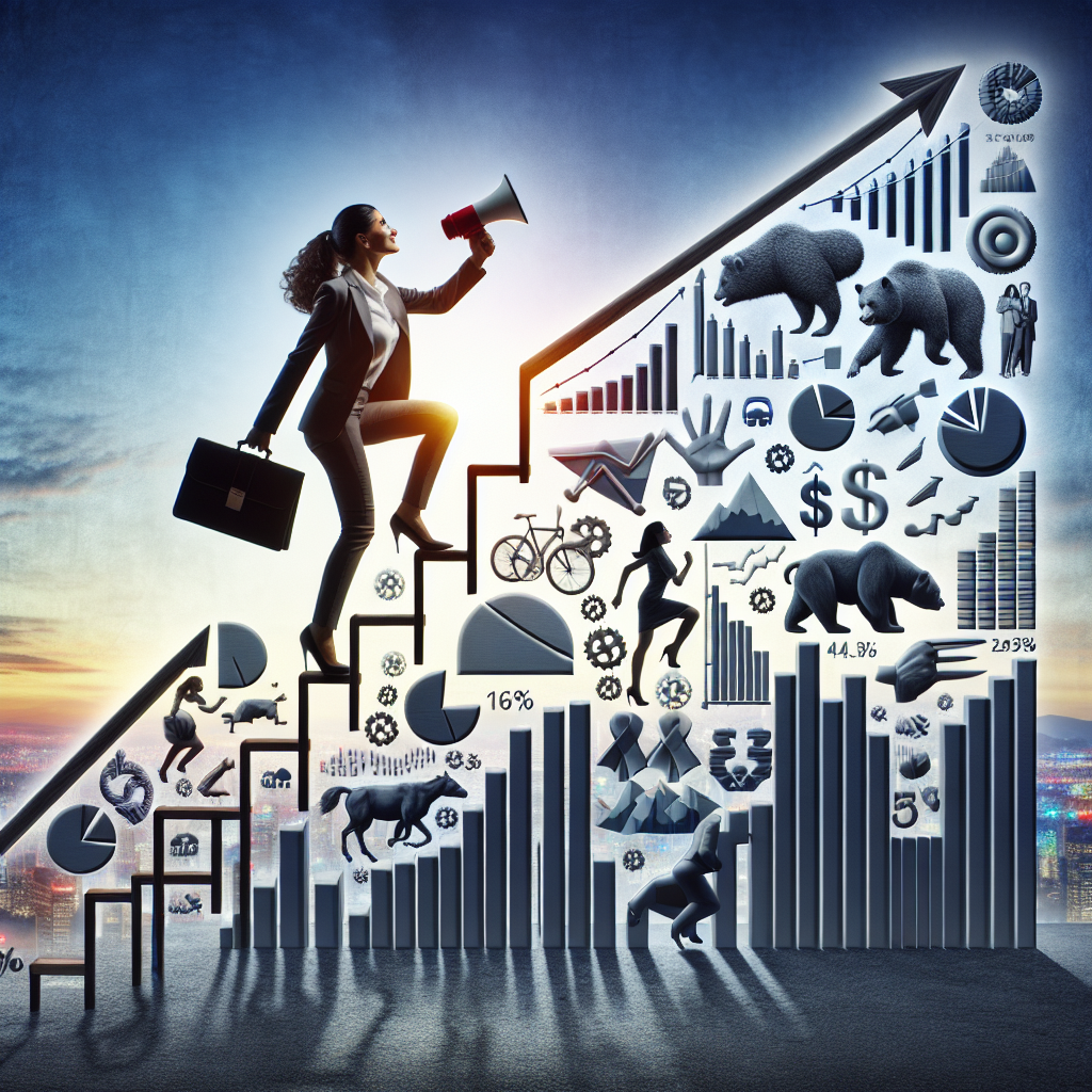 Person climbing a ladder made of marketing symbols.