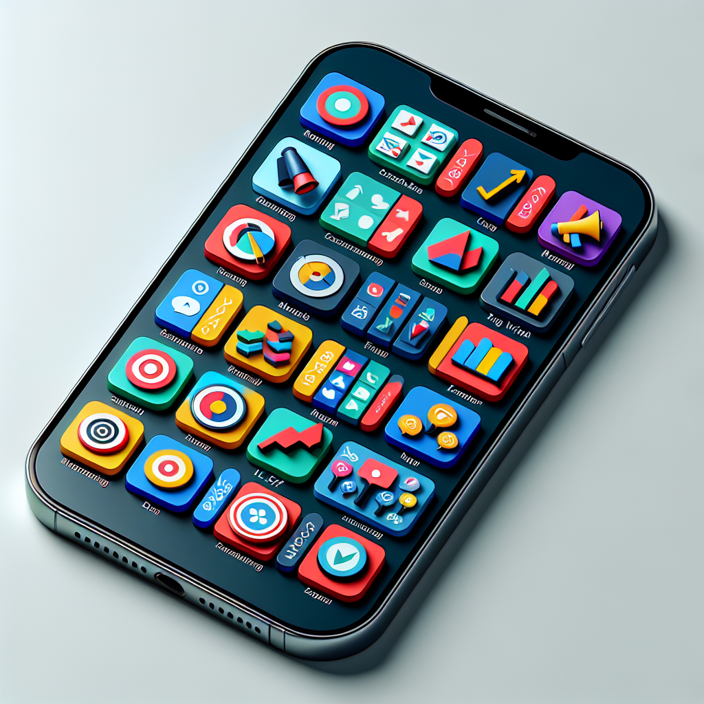 Smartphone displaying various marketing app icons.