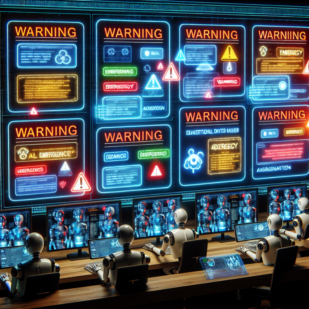 A computer screen with pop-up warnings and robots.