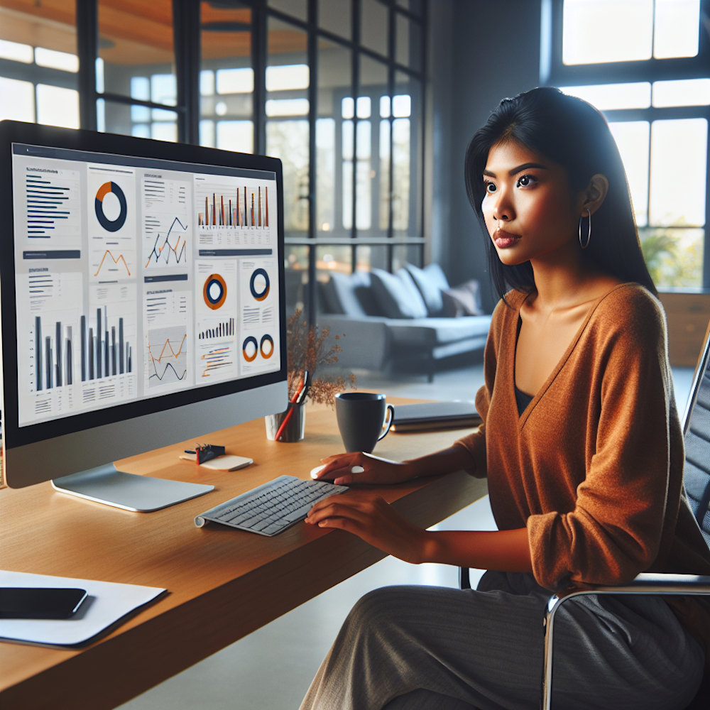 "Web designer analysing KPI charts on computer screen"