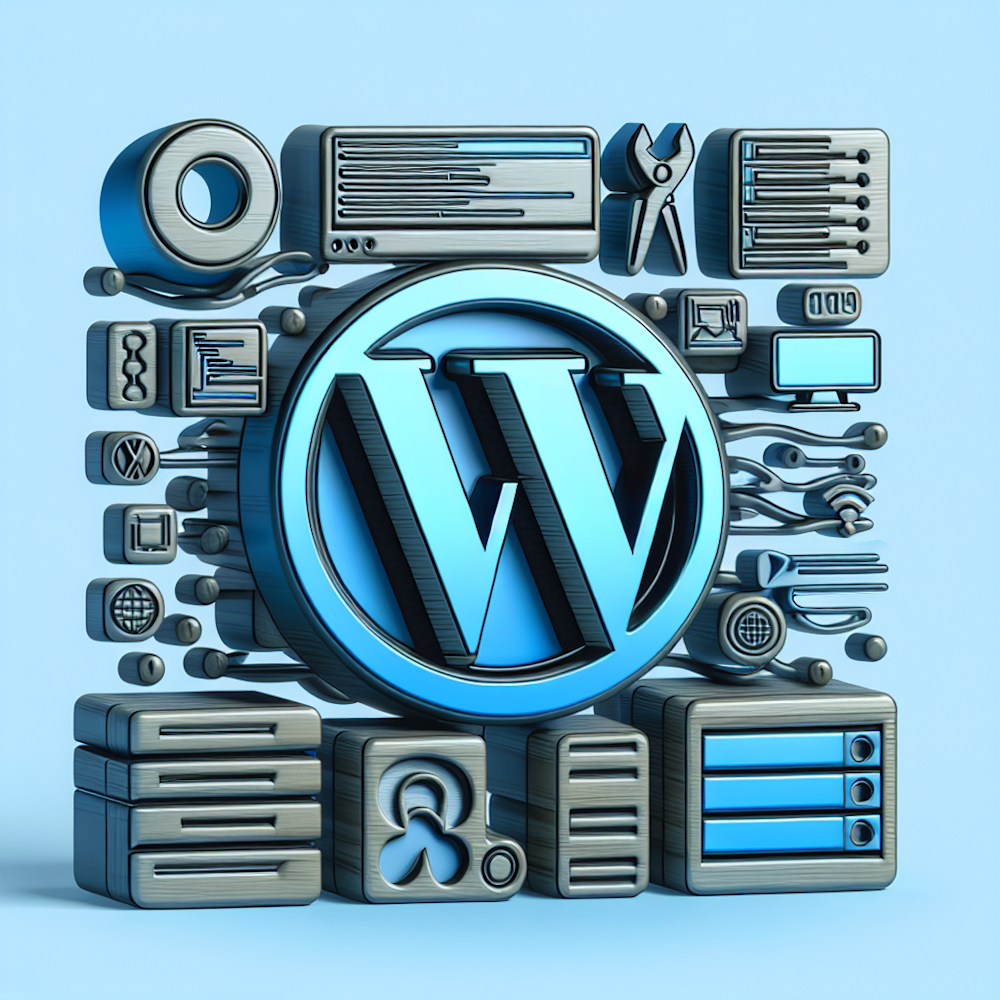 WordPress logo with digital toolbox icons.