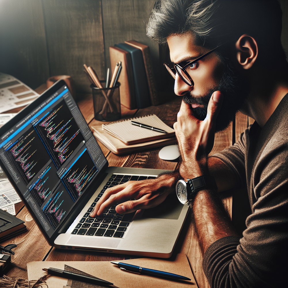 A web designer thinking over a laptop.