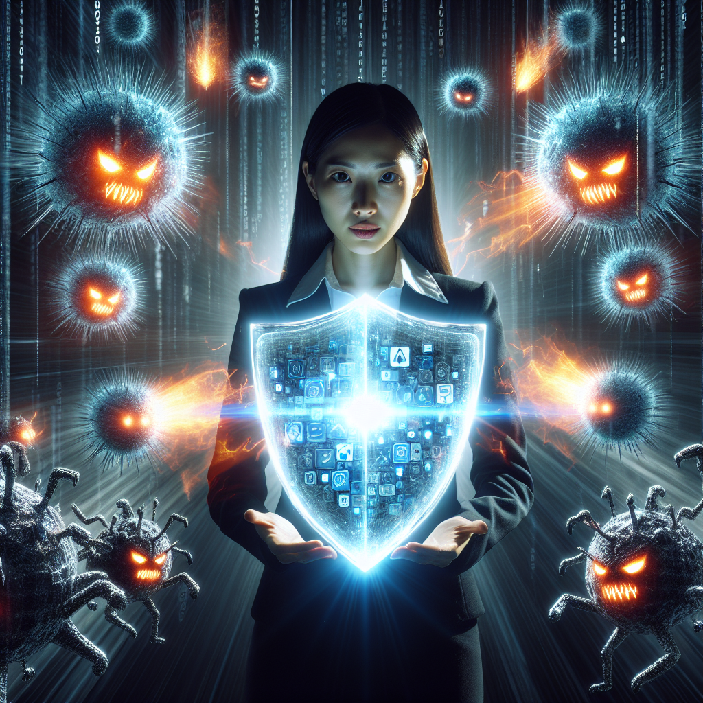 Person holding a shield against computer viruses.