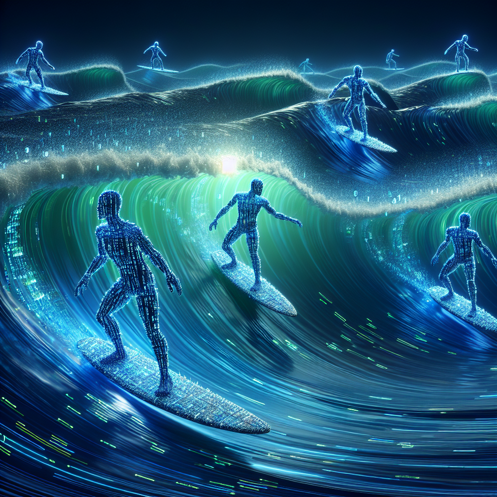 A digital wave with AI email assistants surfing.