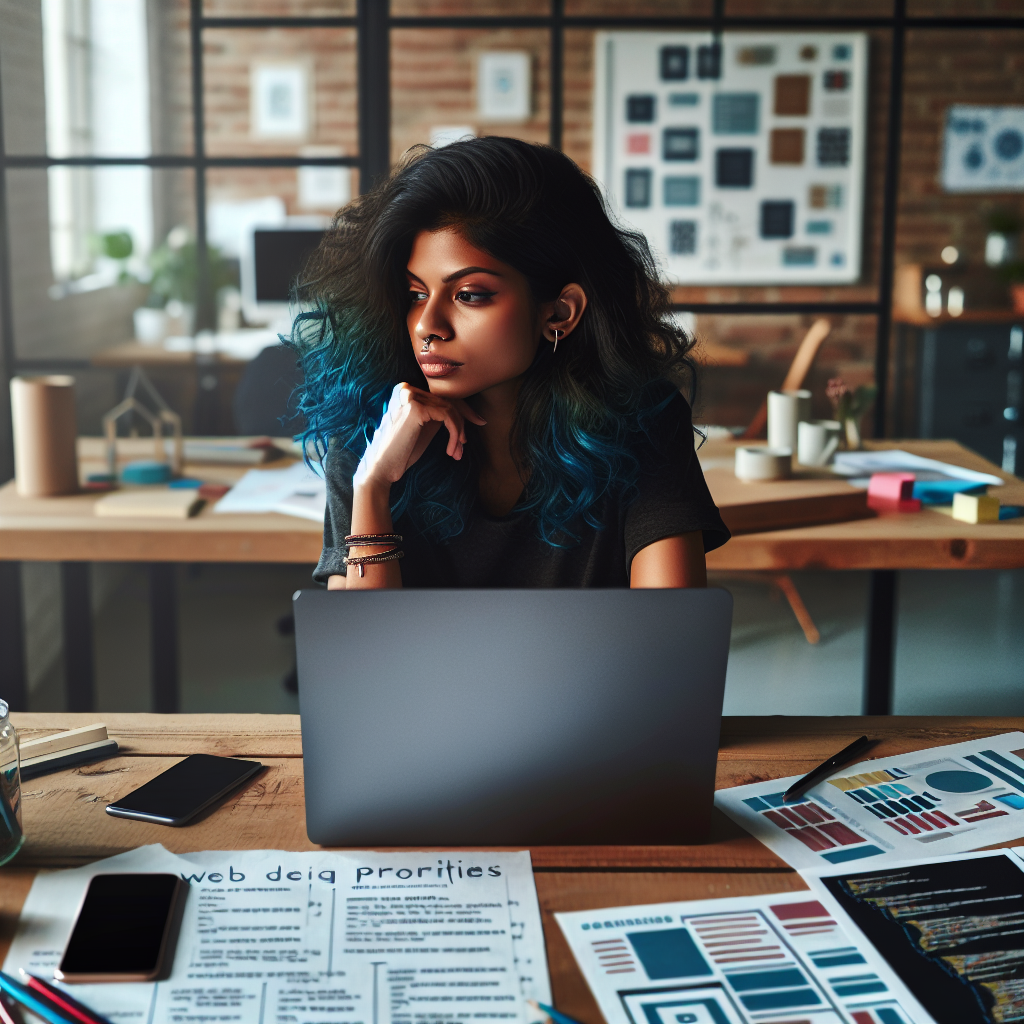 Web designer brainstorming over a task list.
