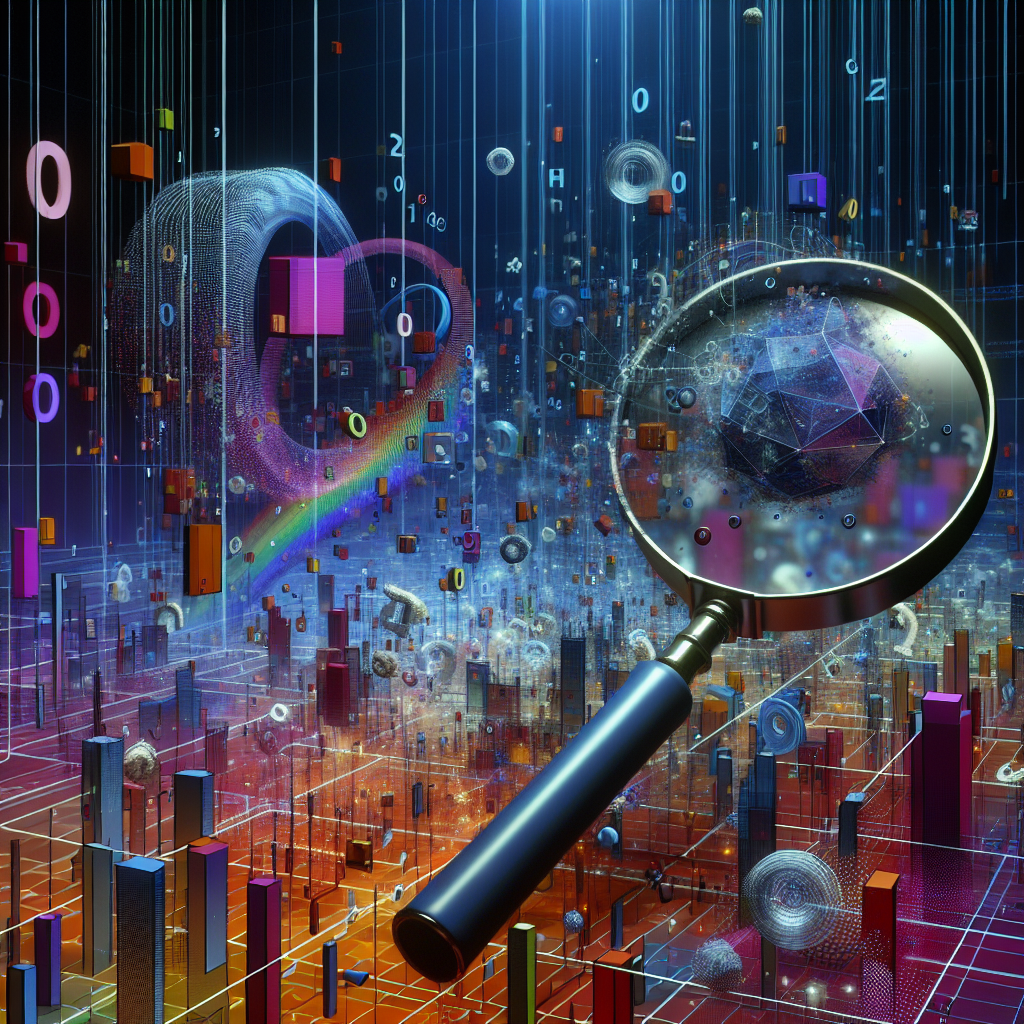 Abstract image of graphs, codes, and magnifying glass.