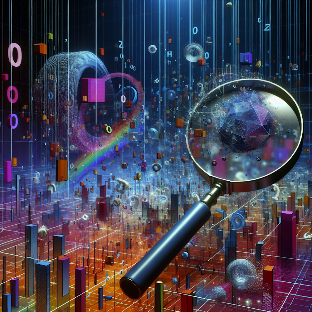 Abstract image of graphs, codes, and magnifying glass.