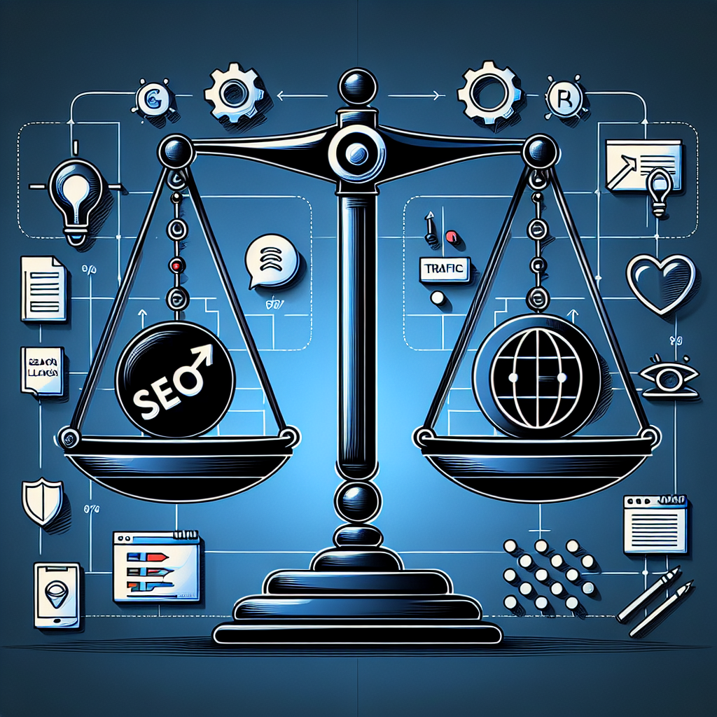 A digital scale balancing SEO aspects and website design.