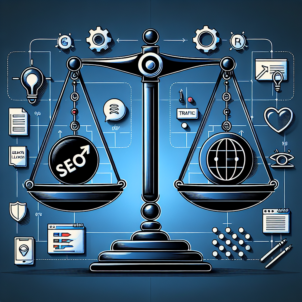 A digital scale balancing SEO aspects and website design.