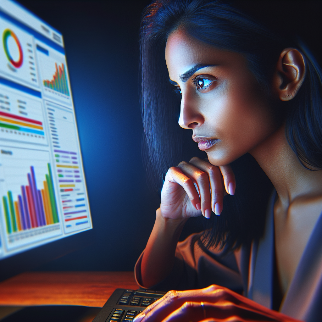 A person analyzing colorful SEO dashboard on computer.