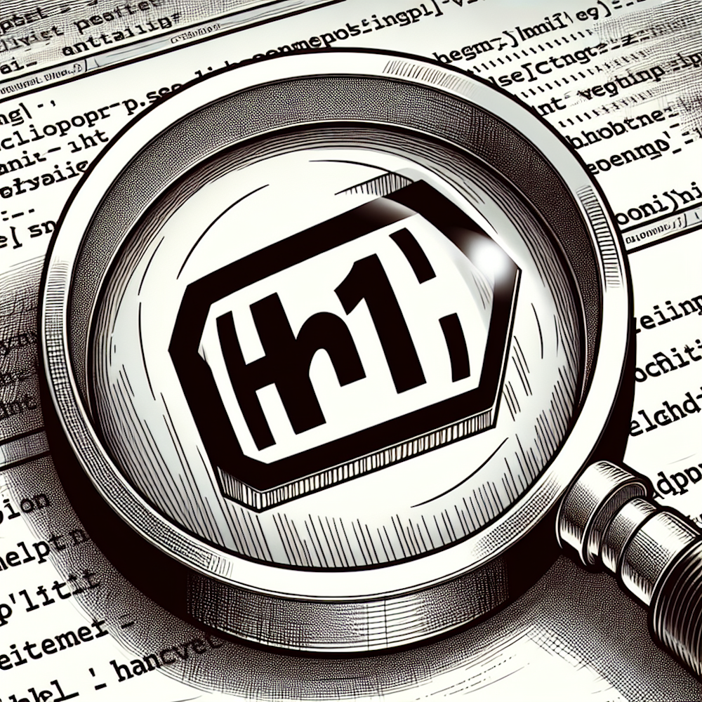 A magnifying glass investigating an H1 tag in HTML code.