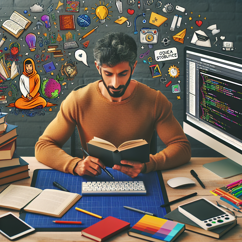 An illustrated web designer with a storytelling book.