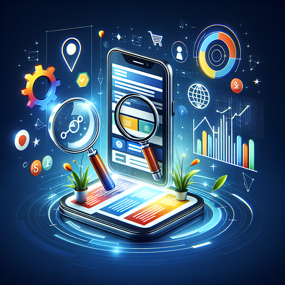 Website on phone with SEO symbols around it.