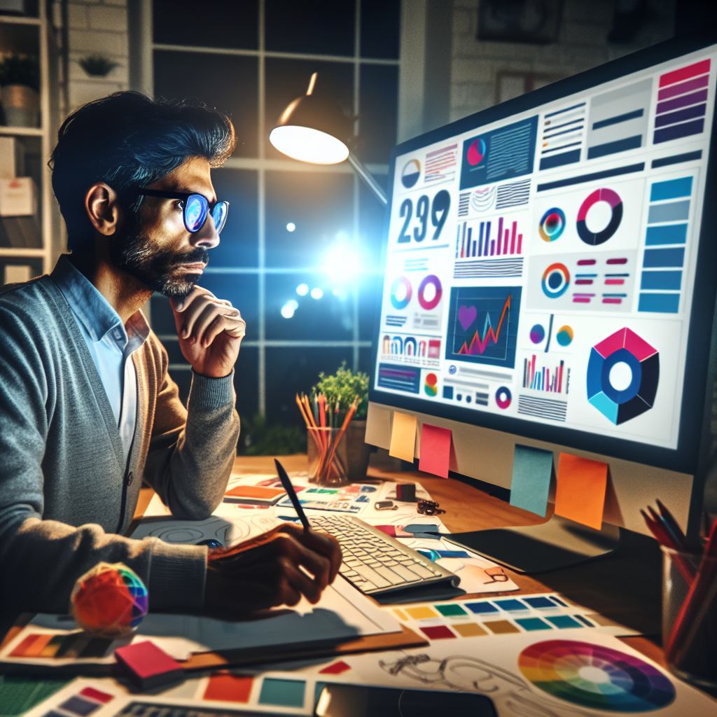 A designer analysing data on a website mockup.