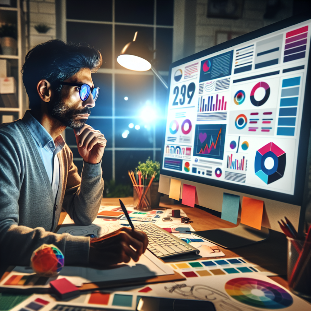 A designer analysing data on a website mockup.