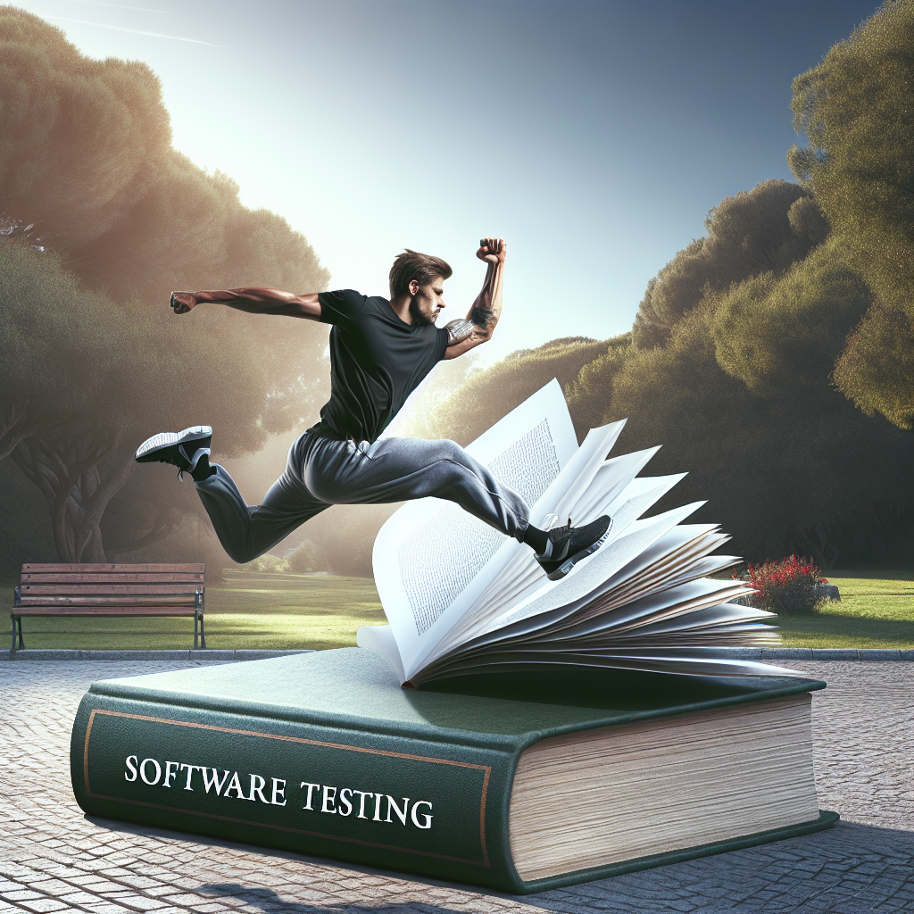 A person jumping over a book about software testing.