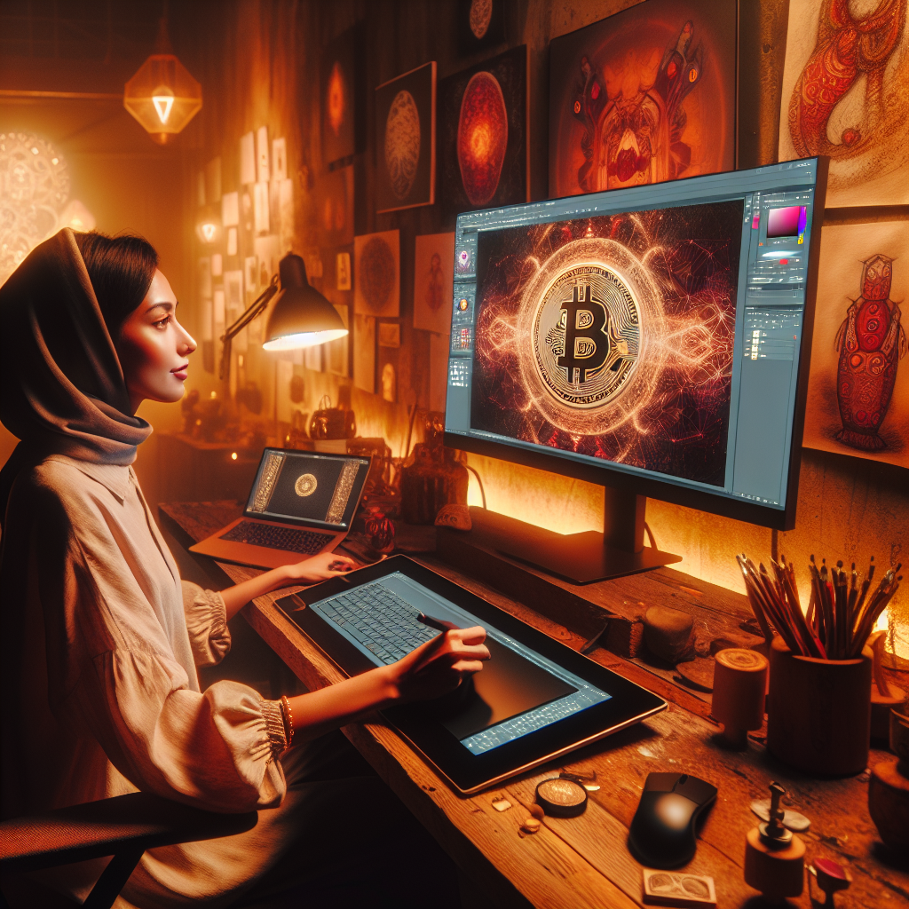 A digital artist creating a NFT on computer.