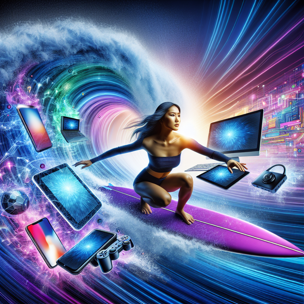 Surfer riding digital wave on different devices.