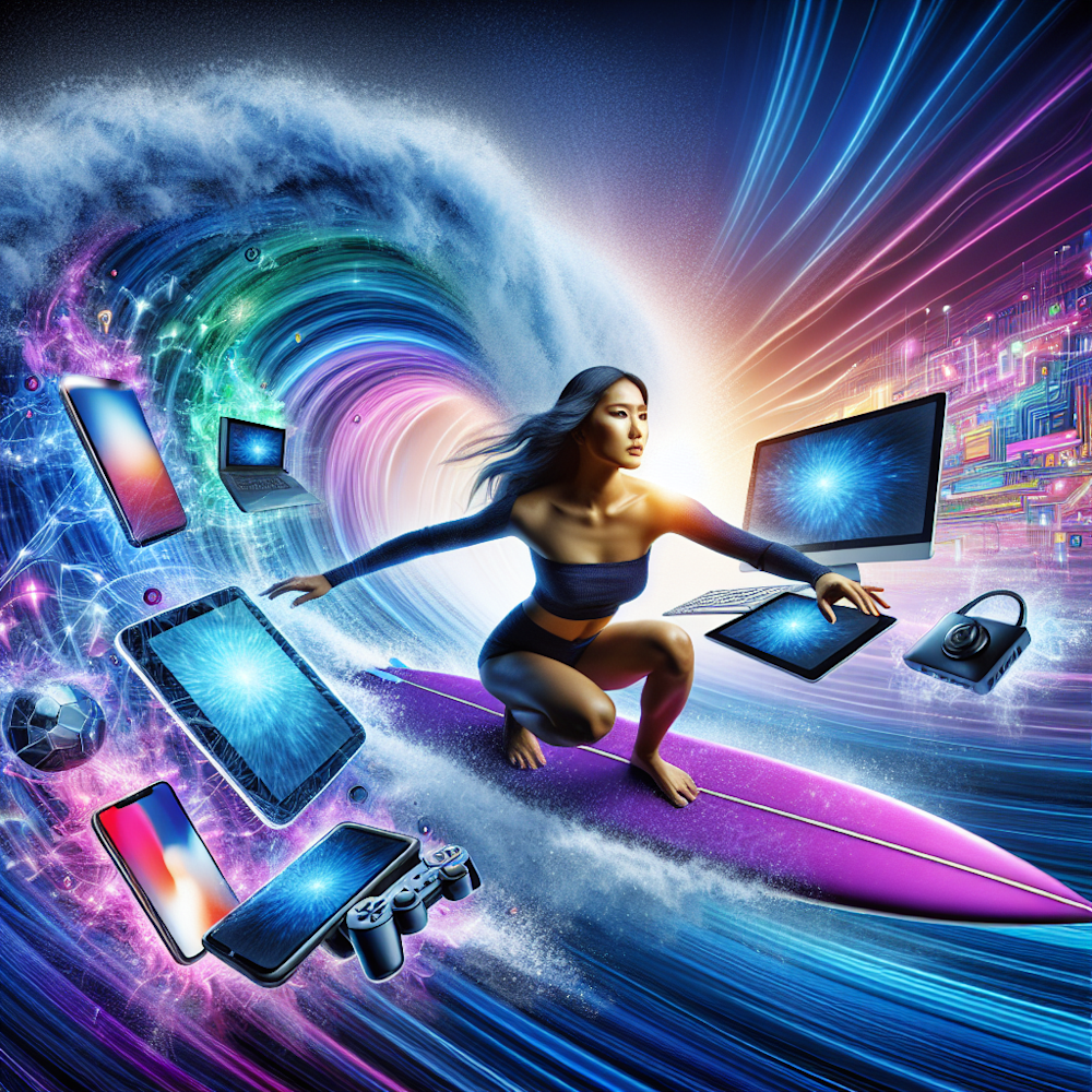 Surfer riding digital wave on different devices.