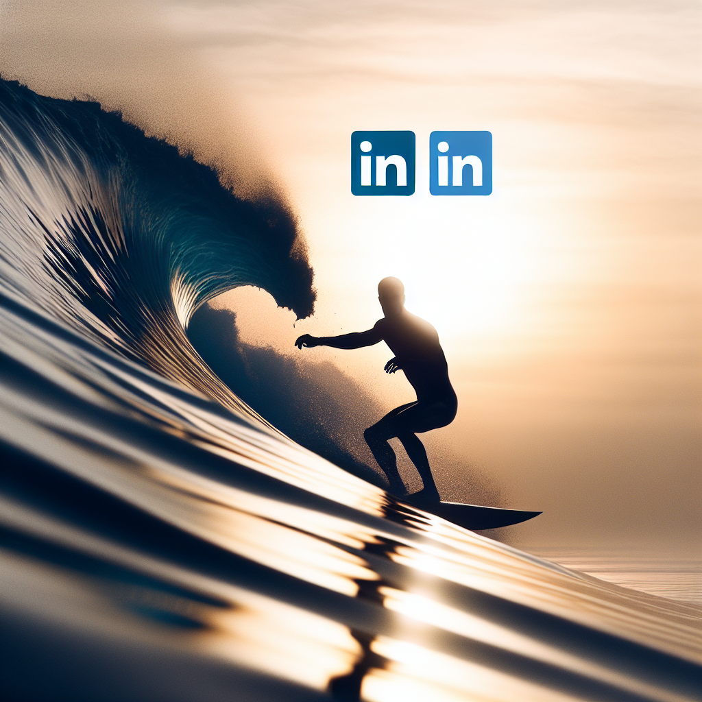 Silhouette of a surfer riding a wave with LinkedIn logo.