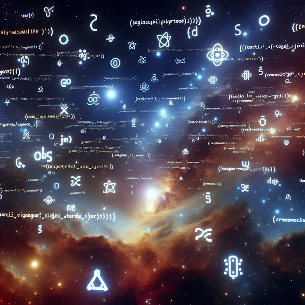 Code lines and JavaScript icons floating in space.