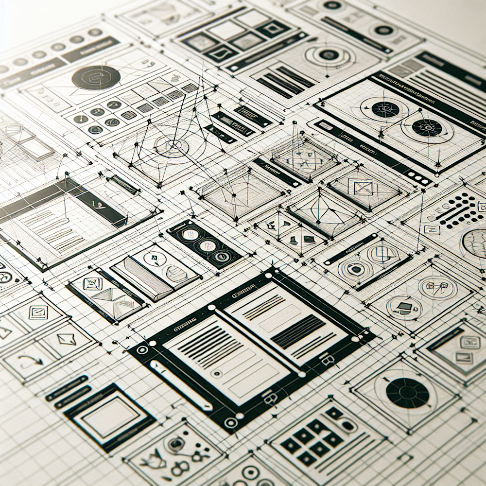 A blueprint pointing towards various web design features.