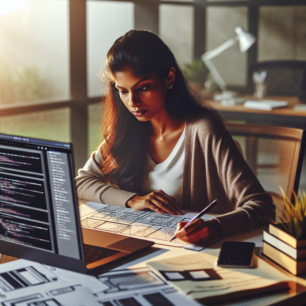 Web designer studying a complex wireframe design.