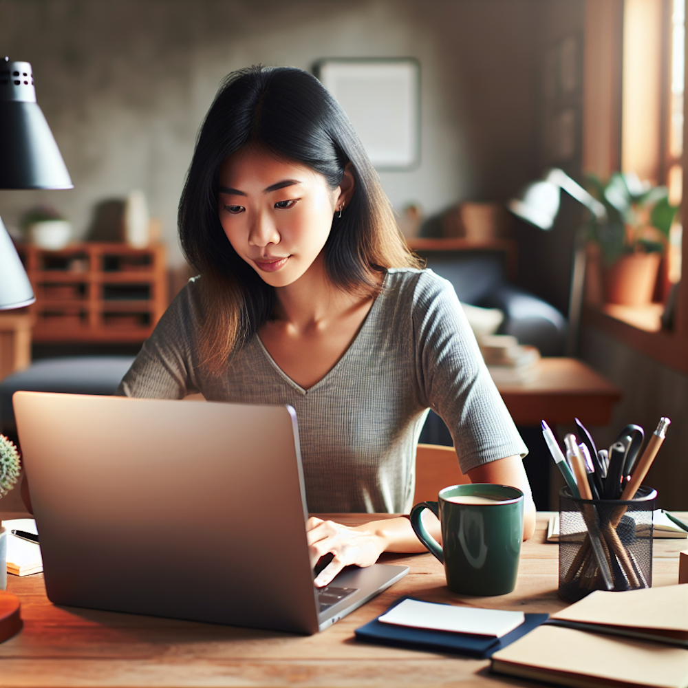 Blogger at desk, typing on laptop.