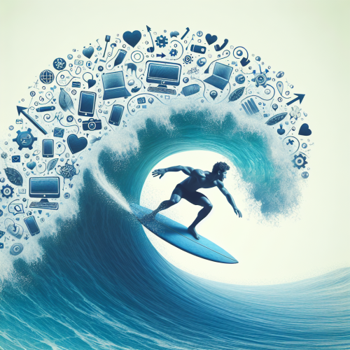 A surfer riding a wave with digital icons.