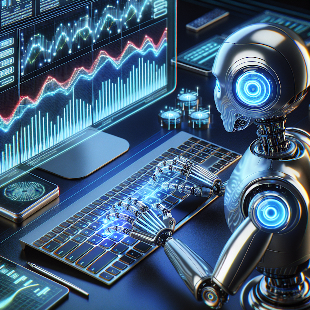 A robot typing on a keyboard with marketing graphs.