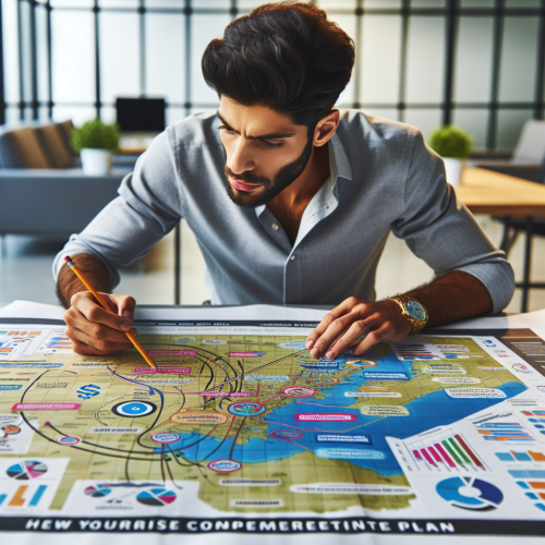 A web designer scrutinizing a map-like marketing plan.